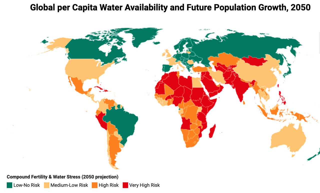 World world map showing water availability in 2025, by country